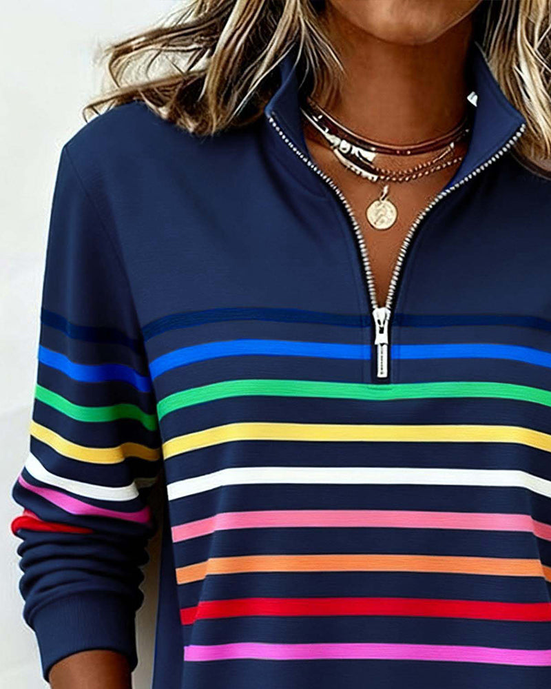 Lorena - Classic Quarter-Zip Sweater with Vibrant Rainbow Stripes