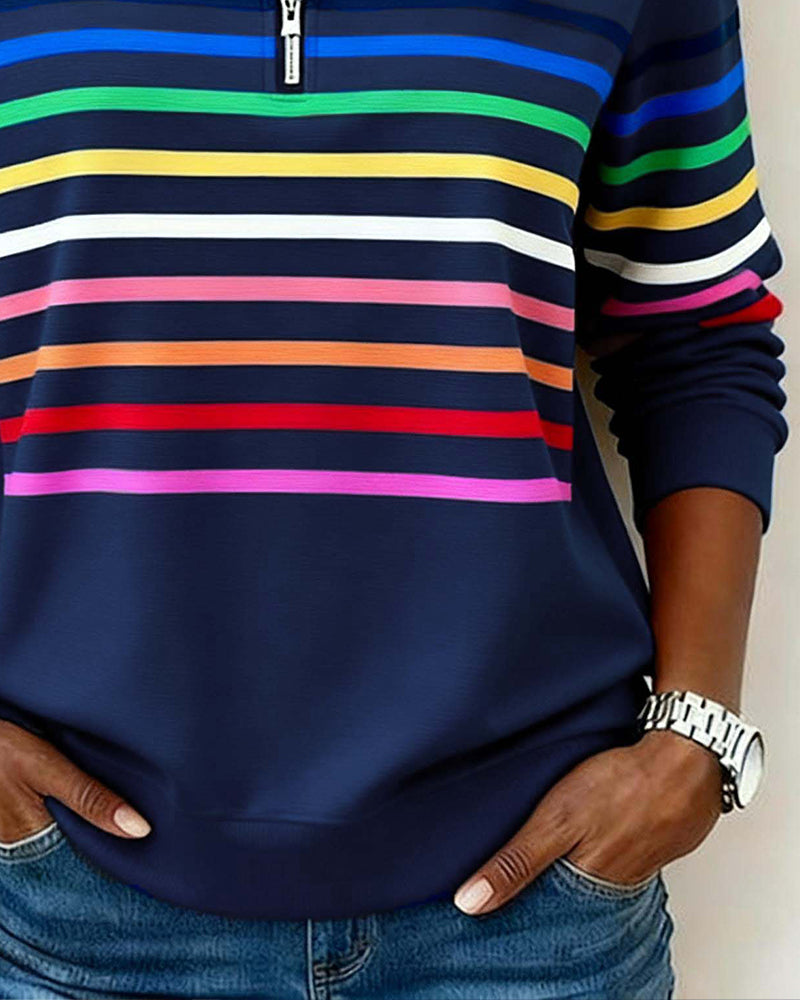 Lorena - Classic Quarter-Zip Sweater with Vibrant Rainbow Stripes