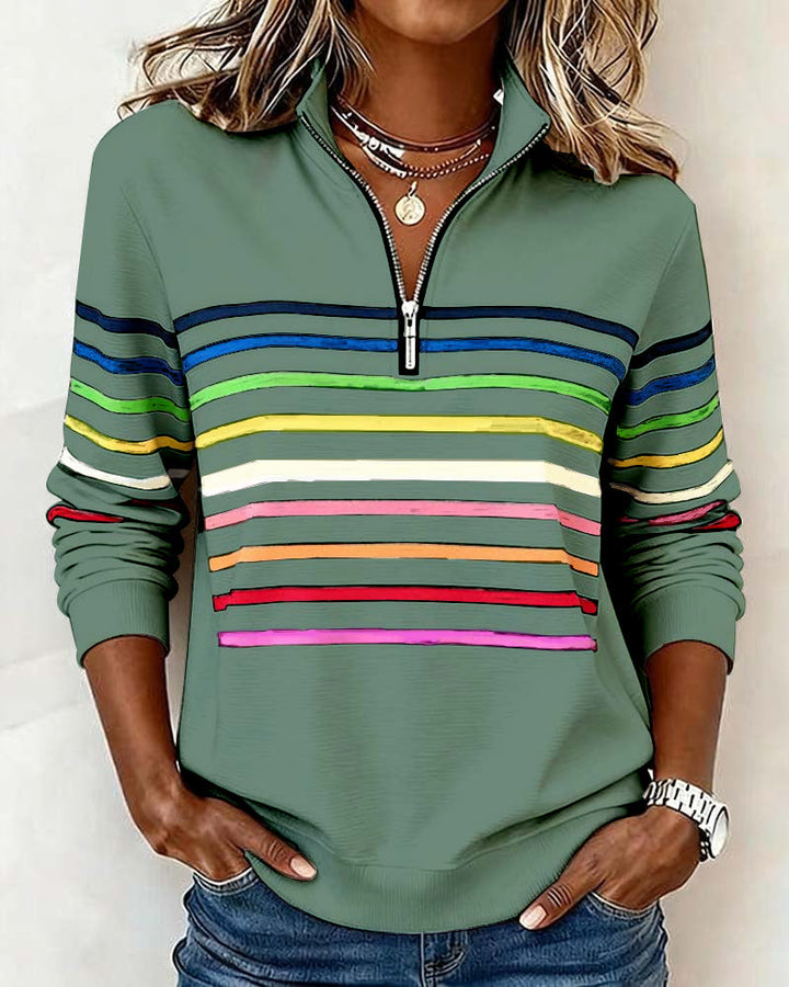 Lorena - Classic Quarter-Zip Sweater with Vibrant Rainbow Stripes