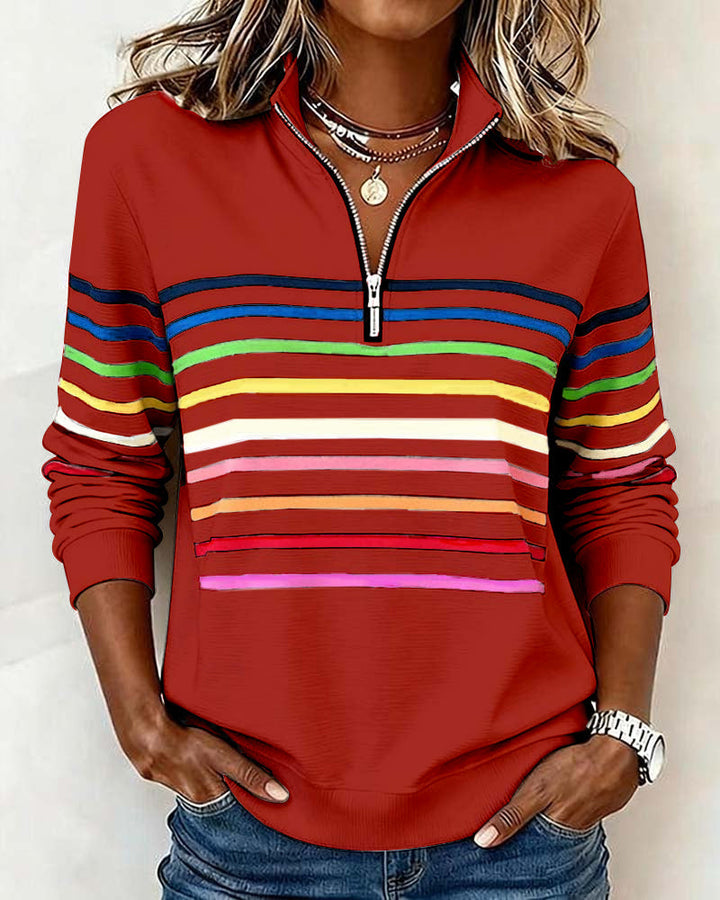 Lorena - Classic Quarter-Zip Sweater with Vibrant Rainbow Stripes
