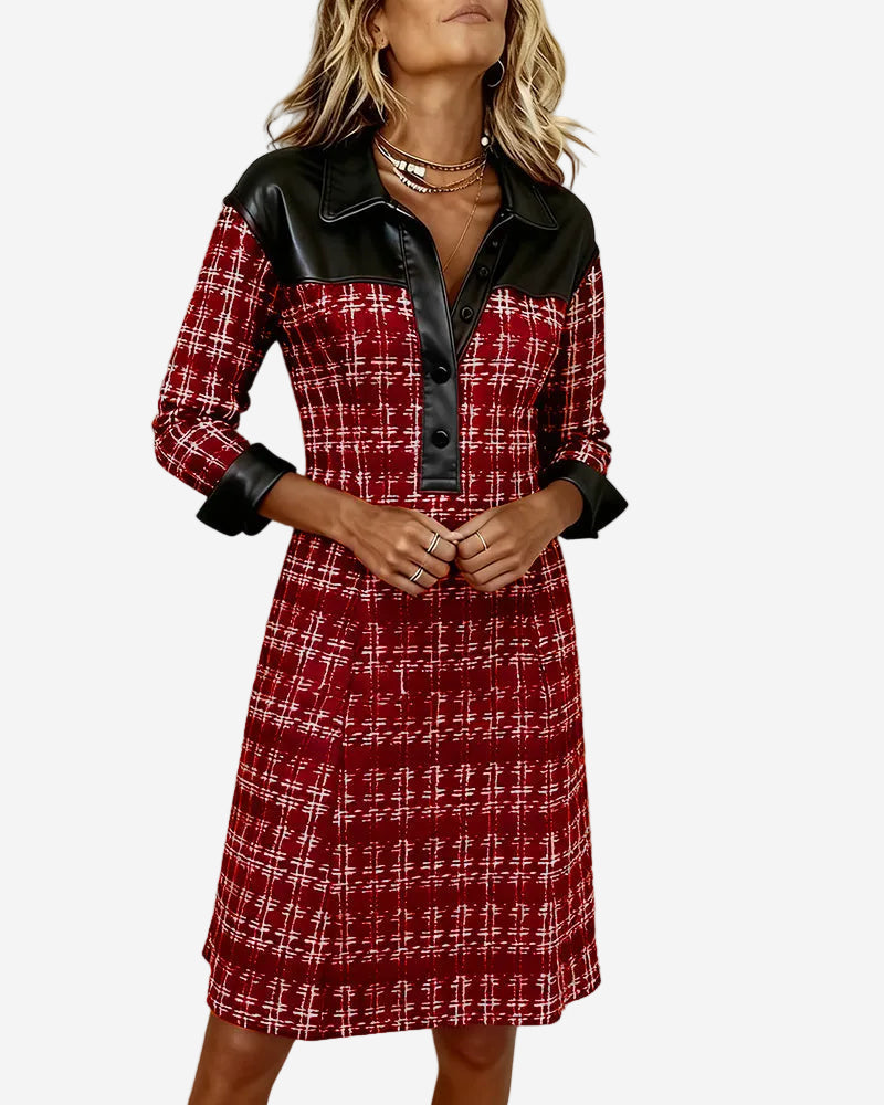 Fiora - Classic Houndstooth A-Line Midi Dress with Soft Faux-Leather Trim
