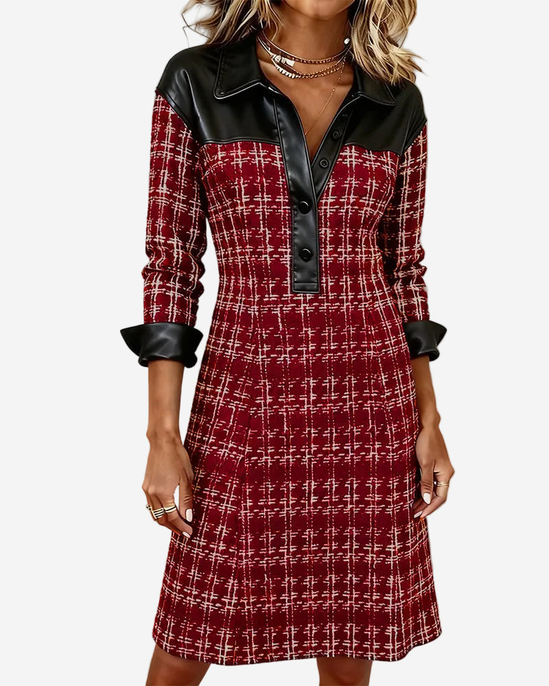Fiora - Classic Houndstooth A-Line Midi Dress with Soft Faux-Leather Trim
