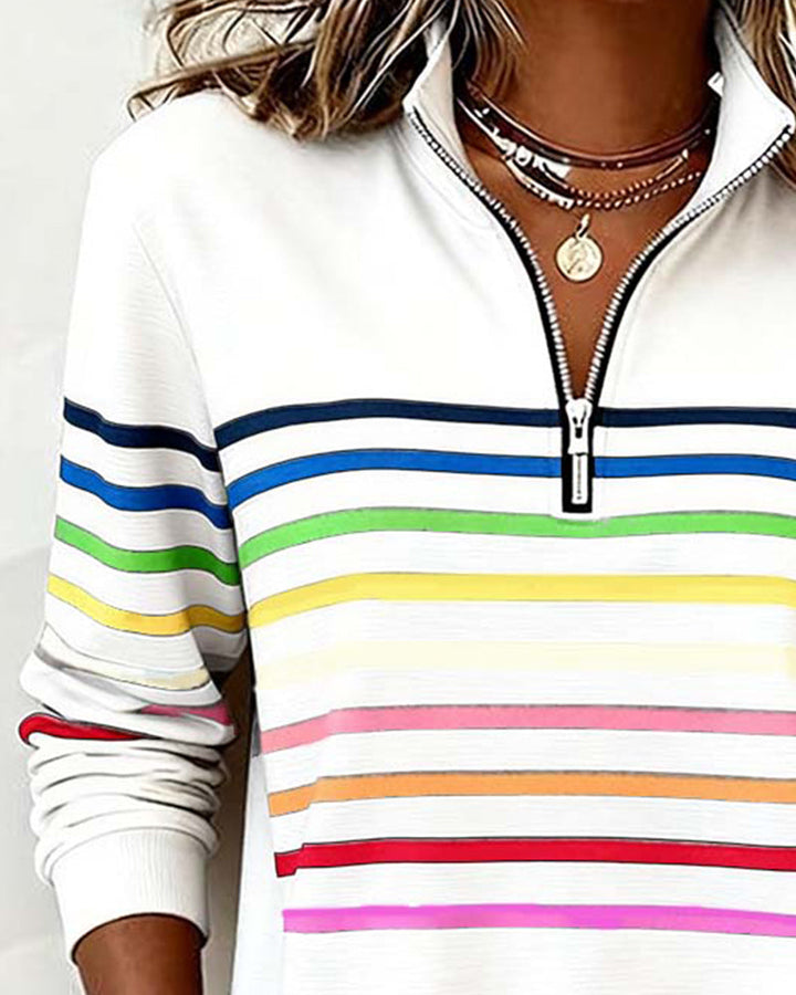 Lorena - Classic Quarter-Zip Sweater with Vibrant Rainbow Stripes