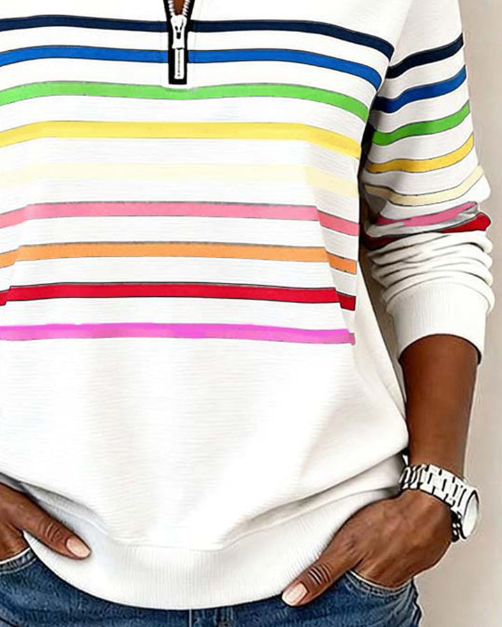 Lorena - Classic Quarter-Zip Sweater with Vibrant Rainbow Stripes