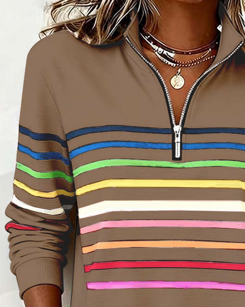 Lorena - Classic Quarter-Zip Sweater with Vibrant Rainbow Stripes