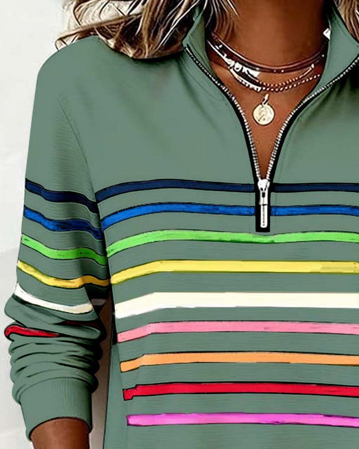 Lorena - Classic Quarter-Zip Sweater with Vibrant Rainbow Stripes