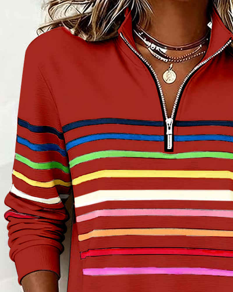 Lorena - Classic Quarter-Zip Sweater with Vibrant Rainbow Stripes