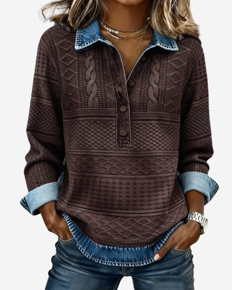 Silvia - Casual Cable Knit with Denim Collar Pullover Shirt