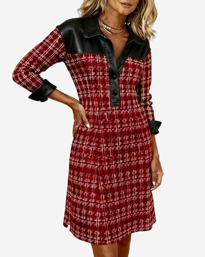 Fiora - Classic Houndstooth A-Line Midi Dress with Soft Faux-Leather Trim