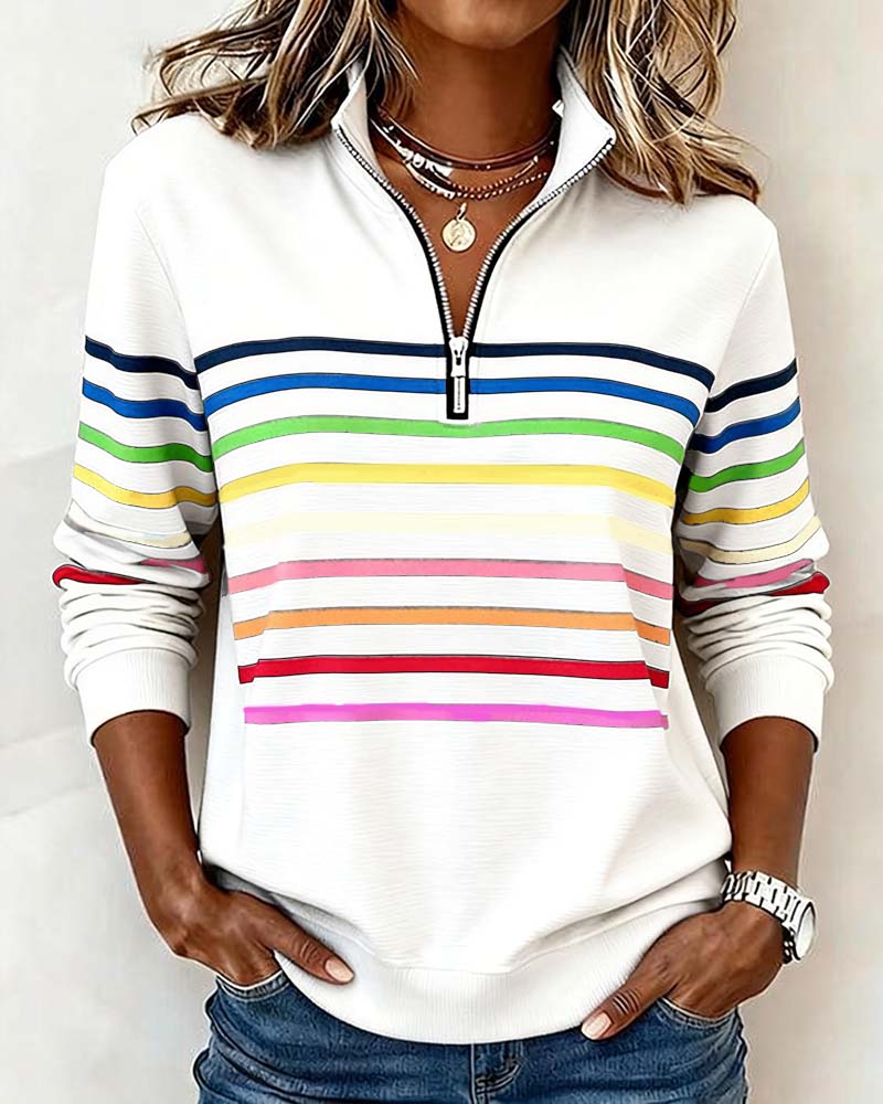 Lorena - Classic Quarter-Zip Sweater with Vibrant Rainbow Stripes