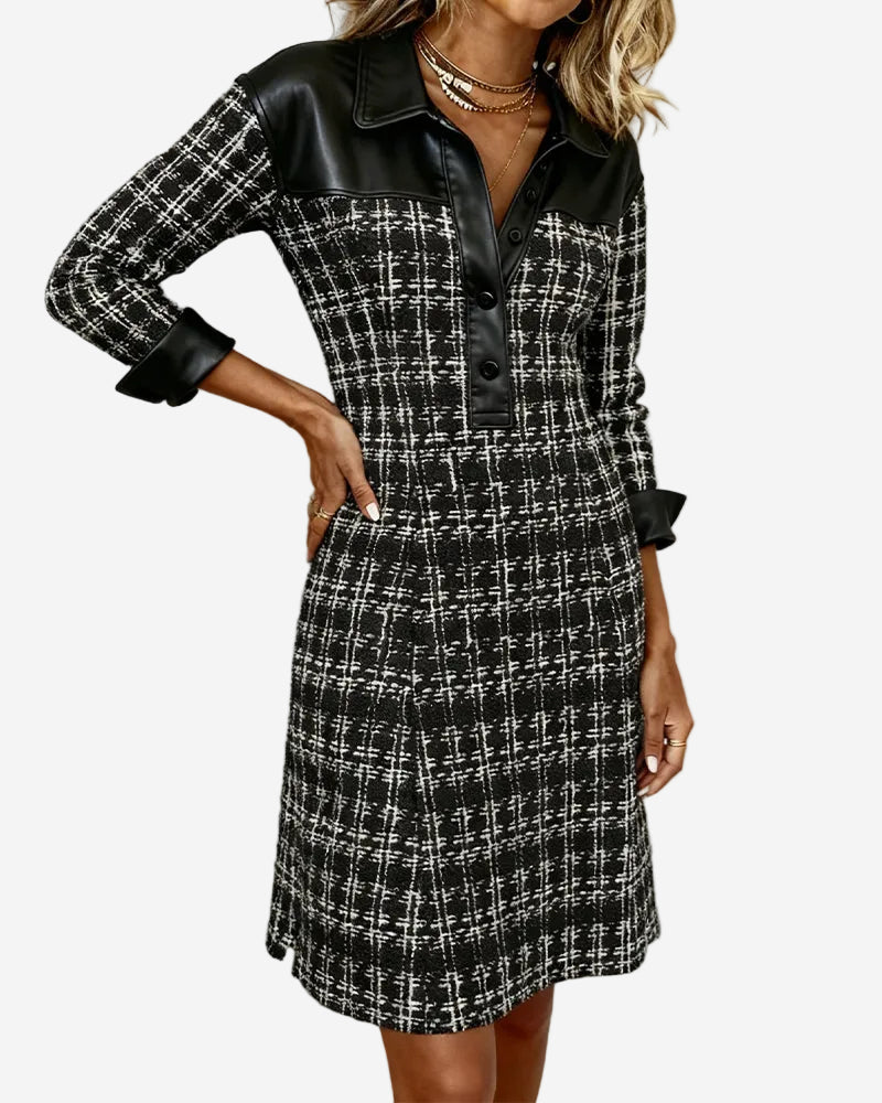 Fiora - Classic Houndstooth A-Line Midi Dress with Soft Faux-Leather Trim