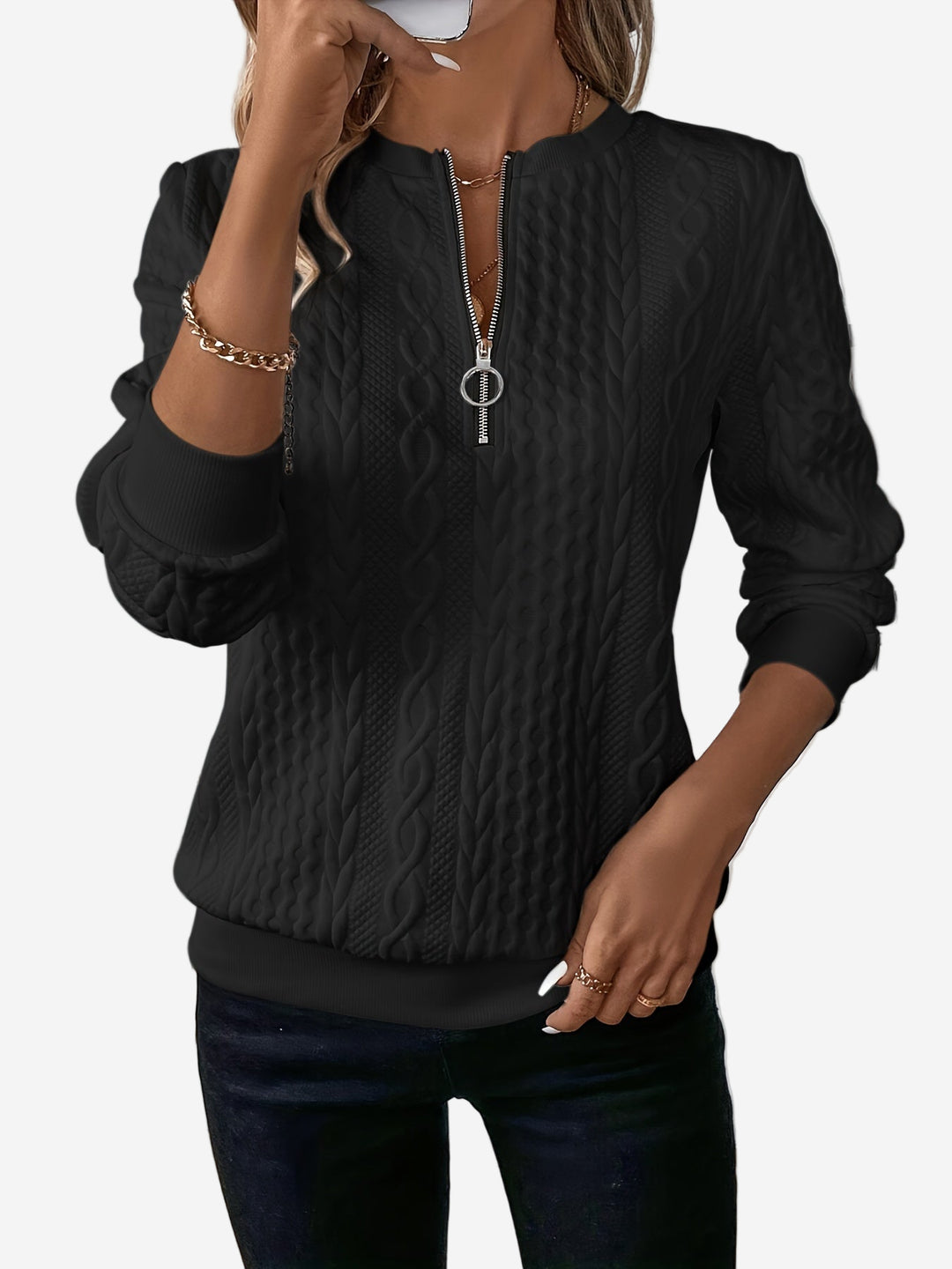 Romina - Classic Cable Texture Quarter-Zip Sweater