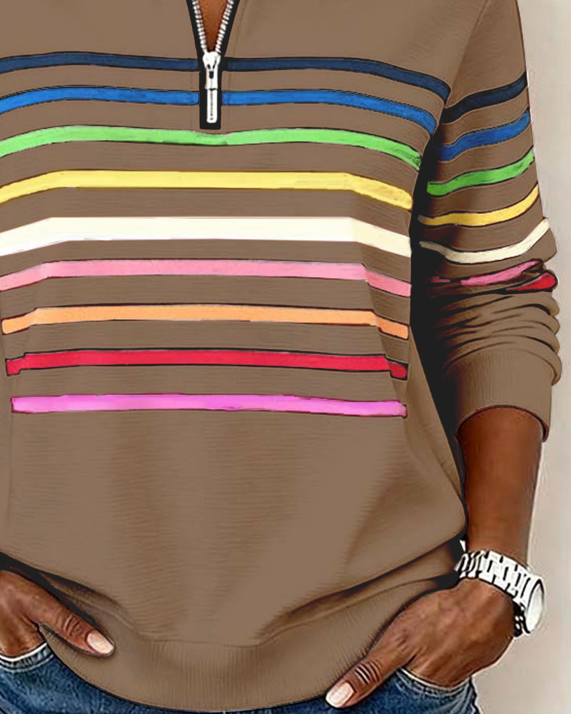 Lorena - Classic Quarter-Zip Sweater with Vibrant Rainbow Stripes