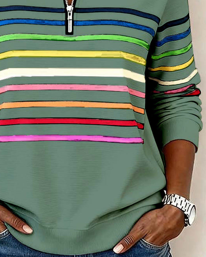 Lorena - Classic Quarter-Zip Sweater with Vibrant Rainbow Stripes