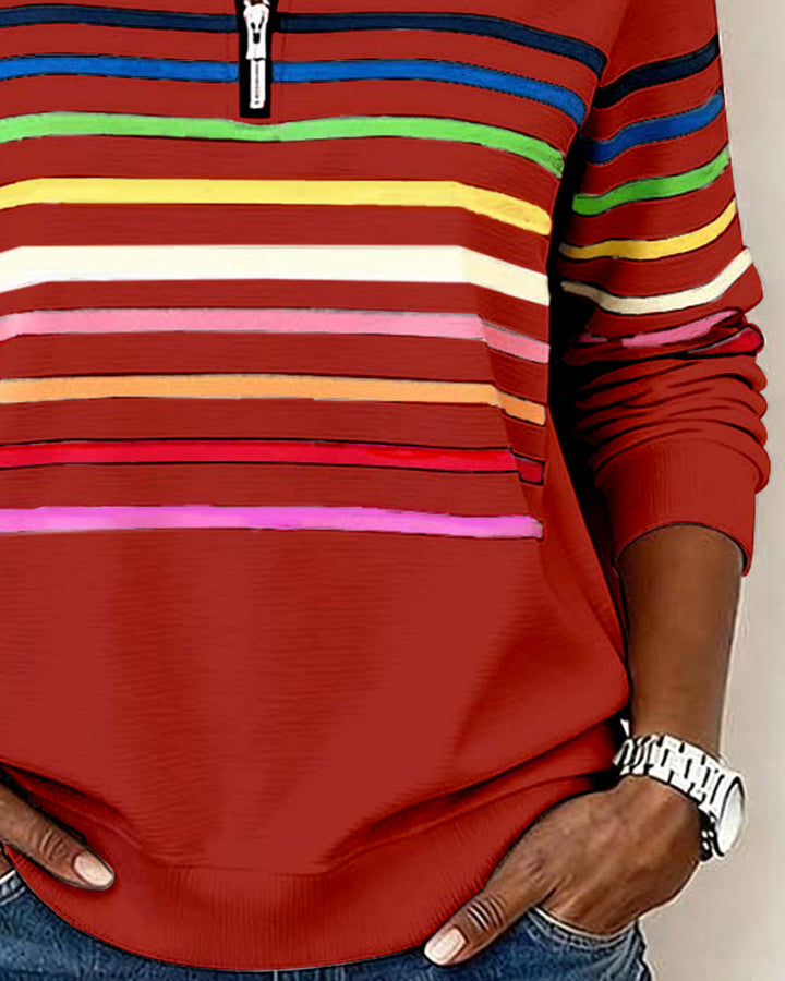 Lorena - Classic Quarter-Zip Sweater with Vibrant Rainbow Stripes