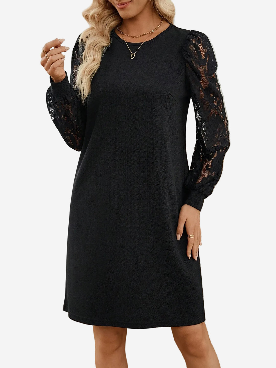Carissa - Crew Neck Mini Dress with Sheer Floral Lace Sleeves