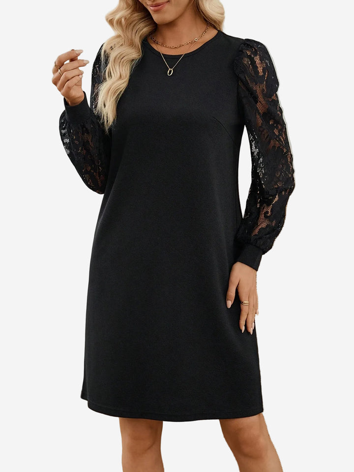 Carissa - Crew Neck Mini Dress with Sheer Floral Lace Sleeves