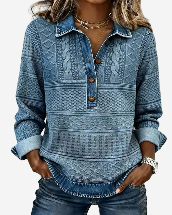 Silvia - Casual Cable Knit with Denim Collar Pullover Shirt