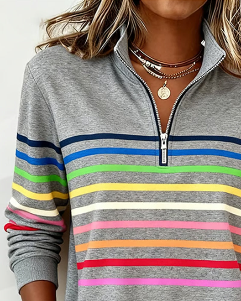 Lorena - Classic Quarter-Zip Sweater with Vibrant Rainbow Stripes