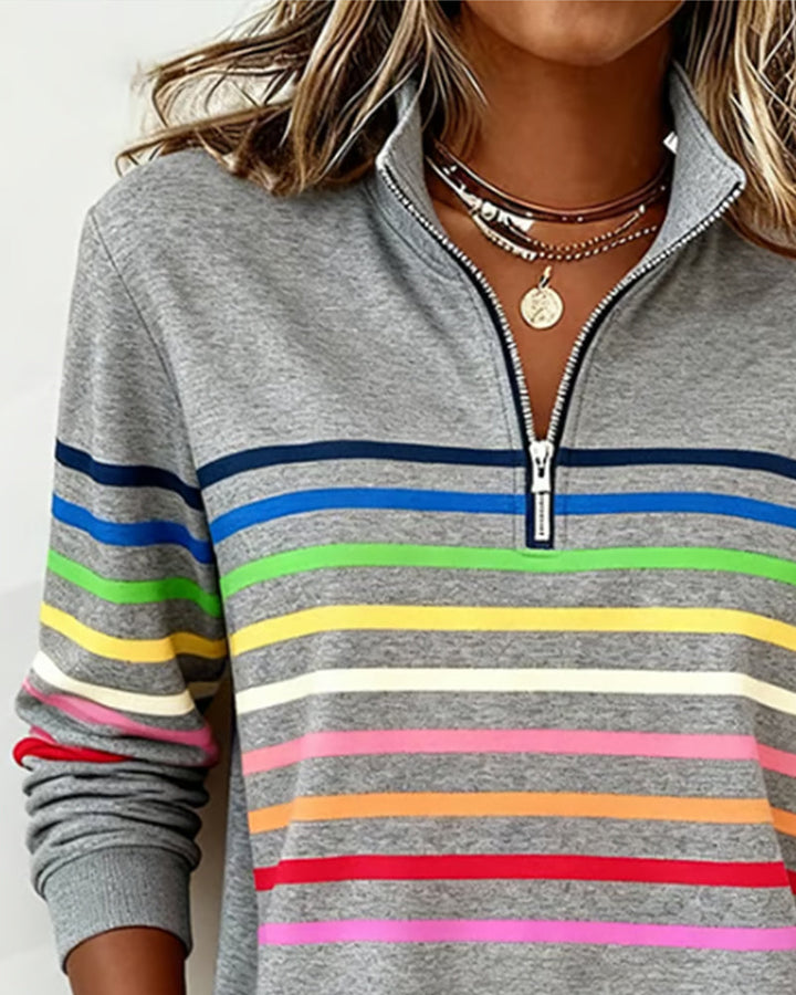 Lorena - Classic Quarter-Zip Sweater with Vibrant Rainbow Stripes