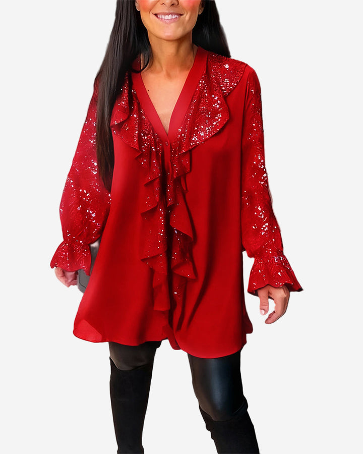 Sabella - Chic Tunic Blouse with Sequin Detail and Ruffle Trim