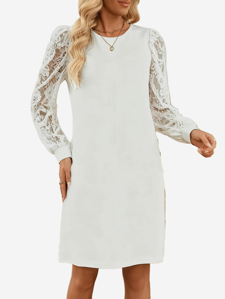 Carissa - Crew Neck Mini Dress with Sheer Floral Lace Sleeves
