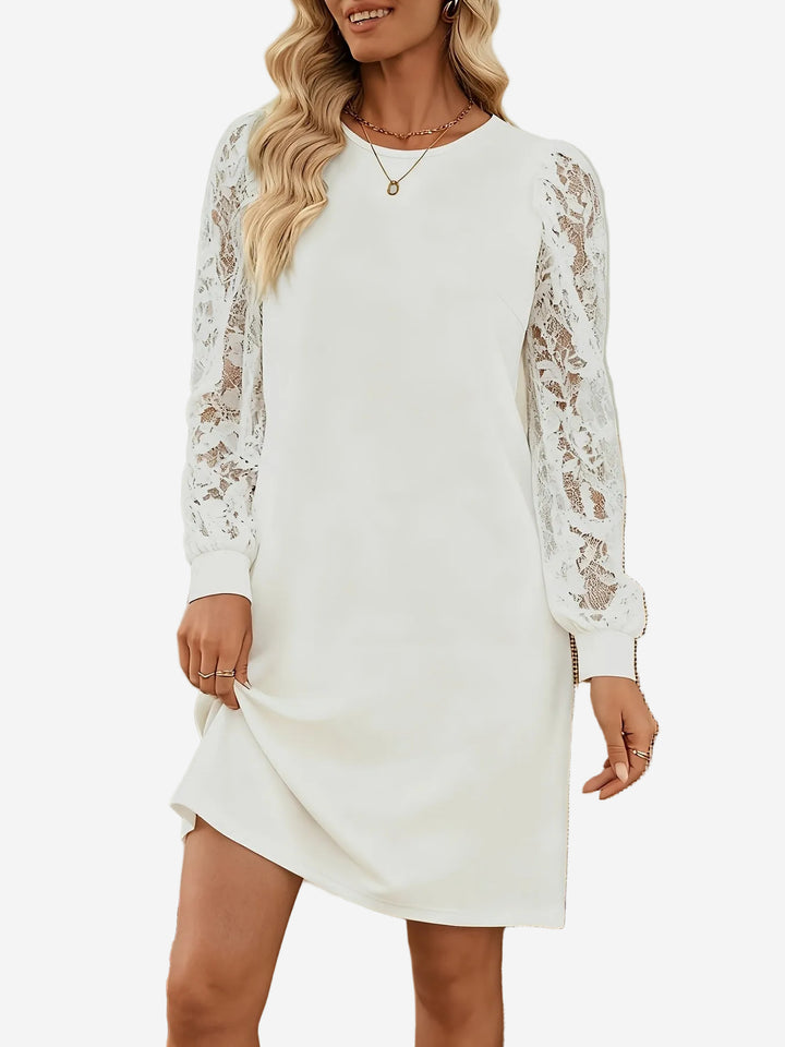 Carissa - Crew Neck Mini Dress with Sheer Floral Lace Sleeves