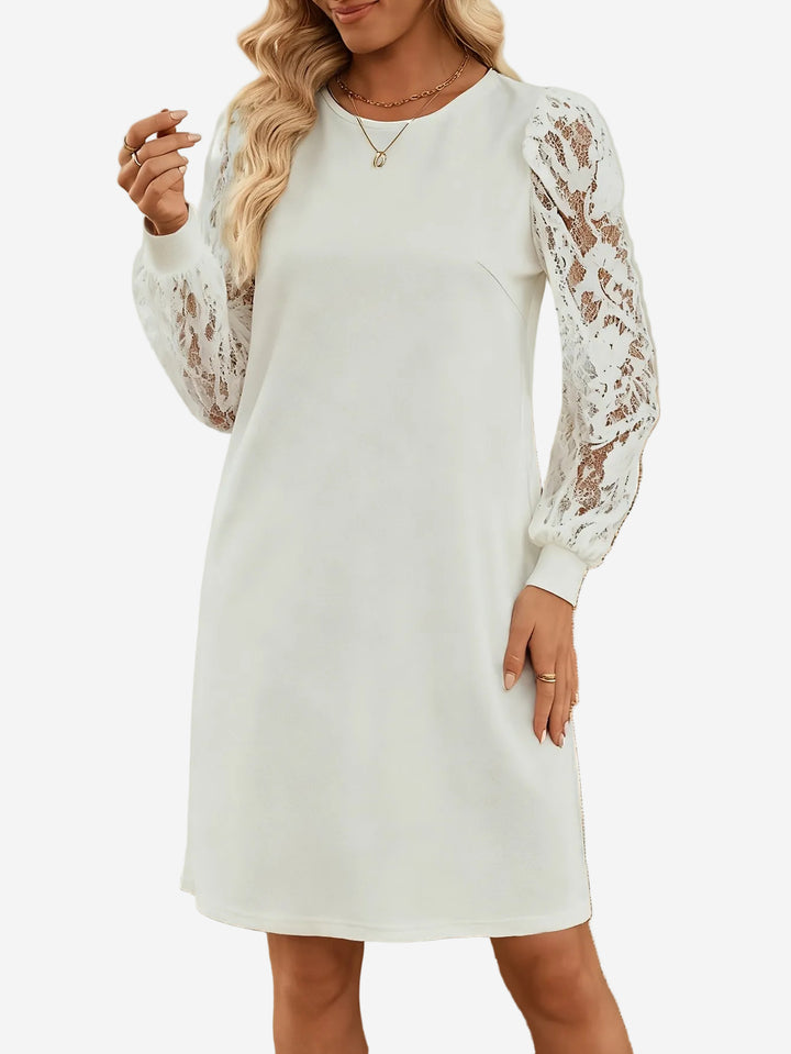 Carissa - Crew Neck Mini Dress with Sheer Floral Lace Sleeves