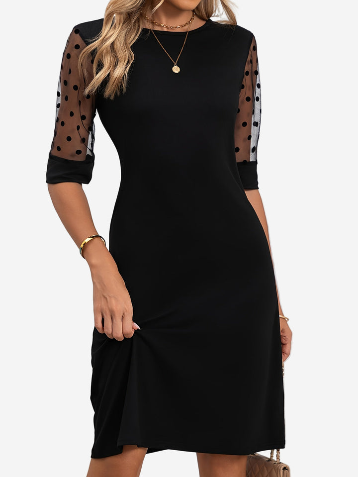 Melina - Elegant Black A-Line Dress with Sheer Polka Dot Mesh Sleeves