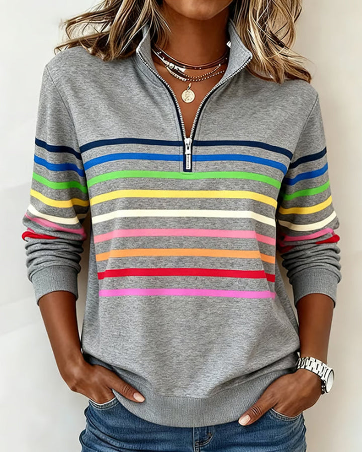 Lorena - Classic Quarter-Zip Sweater with Vibrant Rainbow Stripes