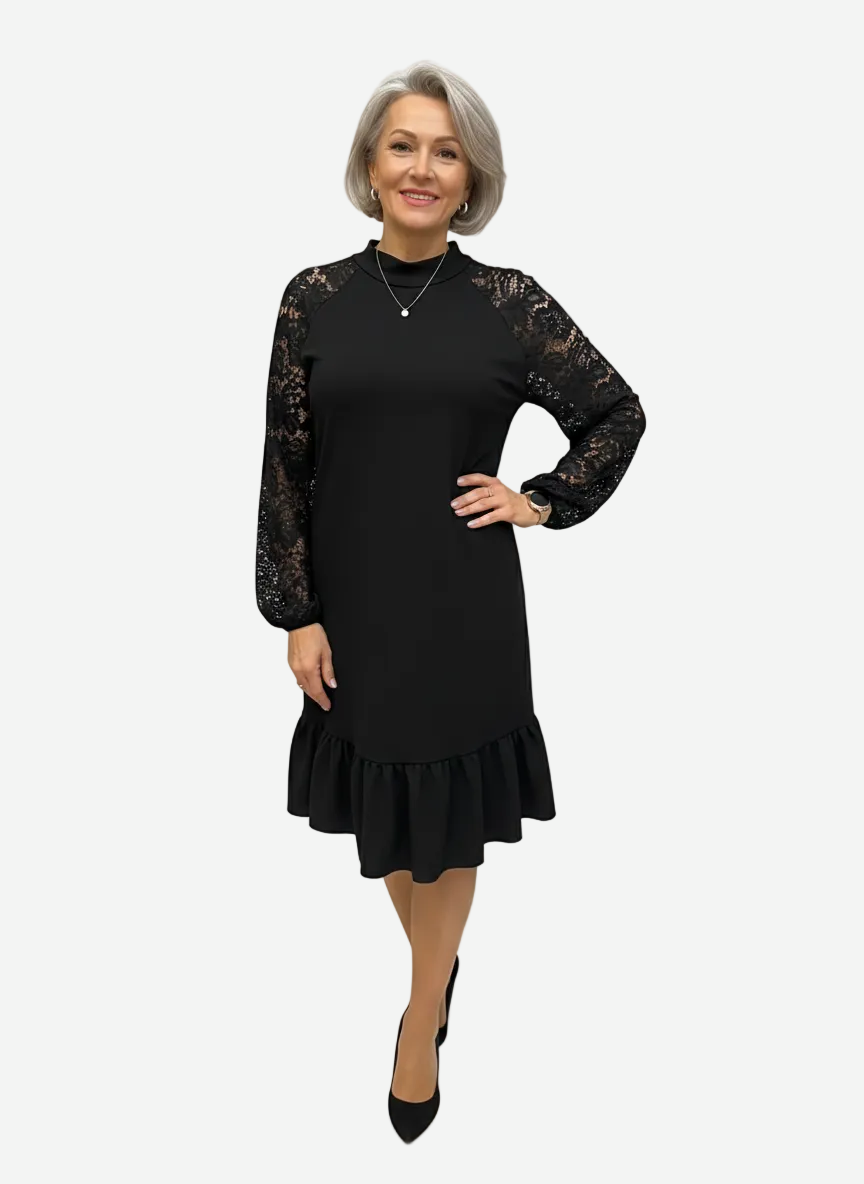 Alodia - Classic Mock Neck Midi Dress with Elegant Lace Sleeves