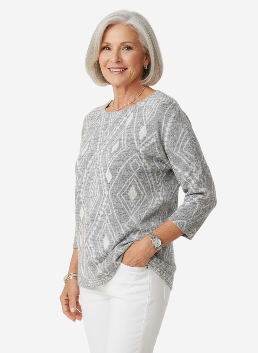 Dalila - Easy-Fit Long Sleeve Grey & White Diamond Print Sweater