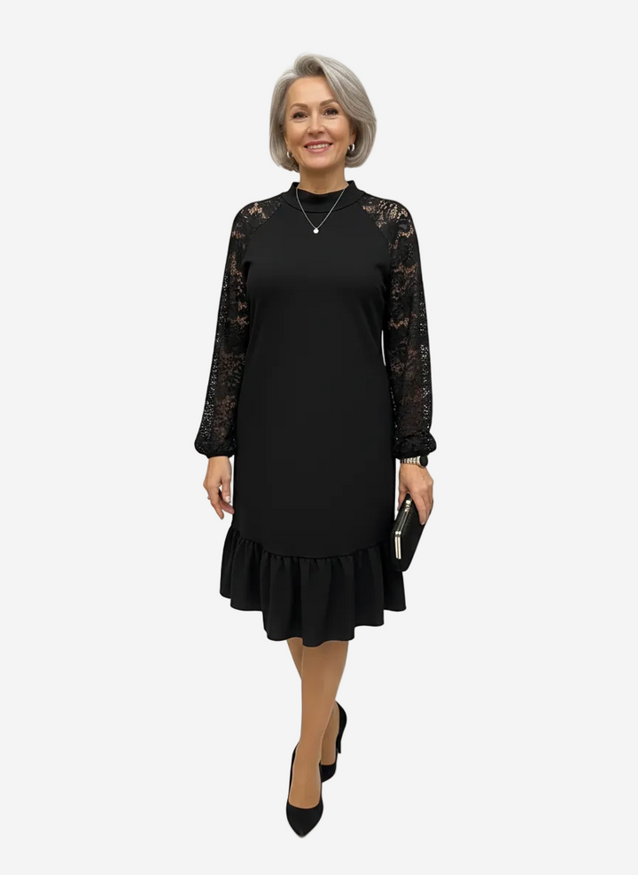 Alodia - Classic Mock Neck Midi Dress with Elegant Lace Sleeves