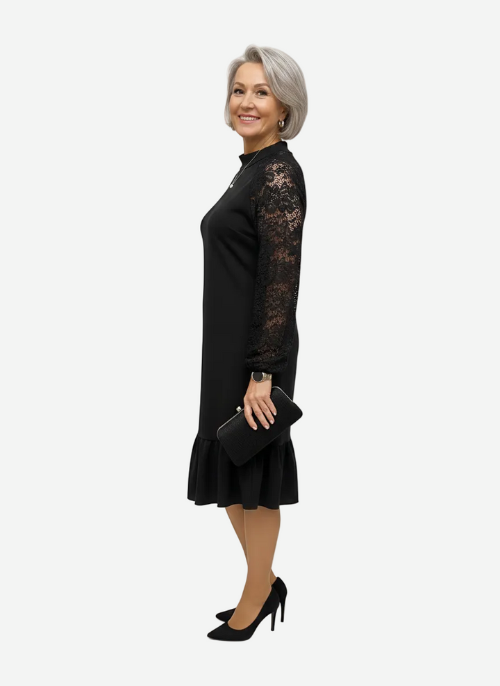 Alodia - Classic Mock Neck Midi Dress with Elegant Lace Sleeves