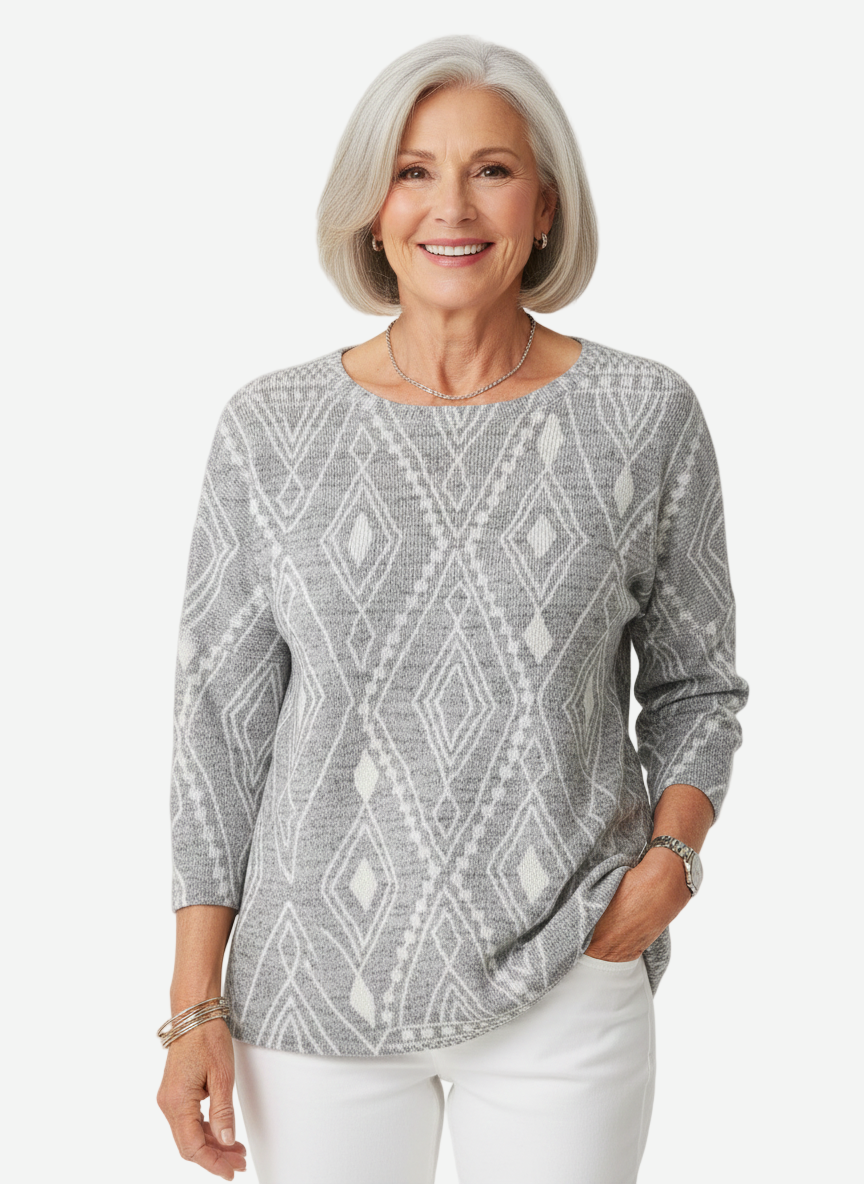 Dalila - Easy-Fit Long Sleeve Grey & White Diamond Print Sweater