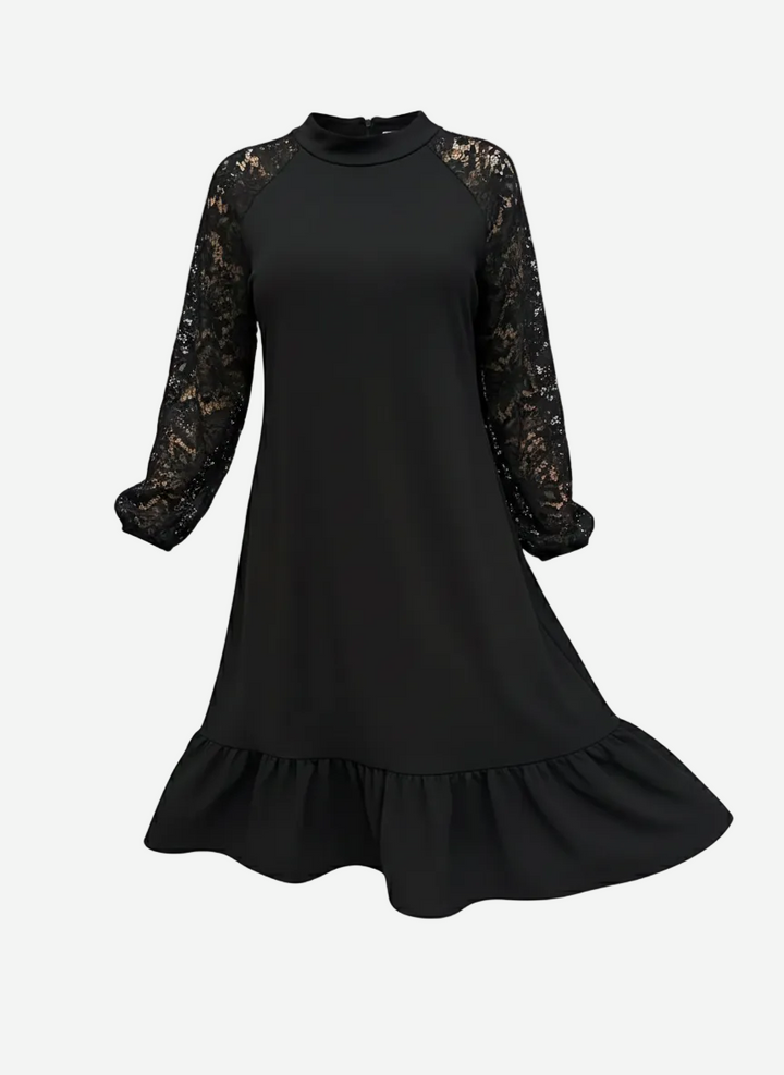 Alodia - Classic Mock Neck Midi Dress with Elegant Lace Sleeves