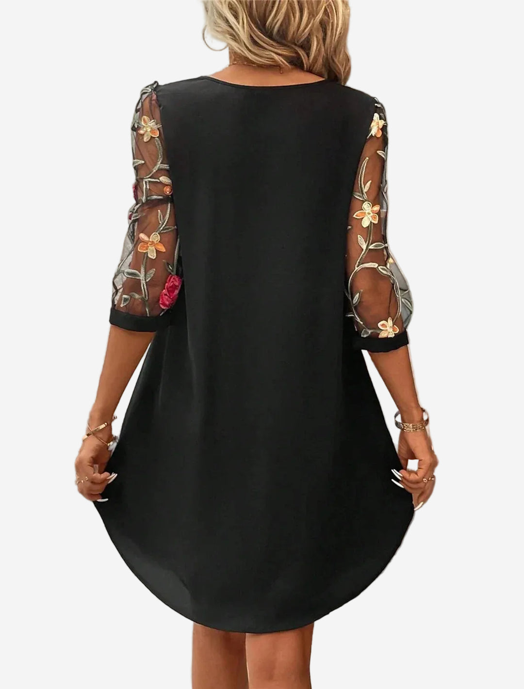 Romy - Chic Mini Dress with Floral Embroidered Mesh Sleeves