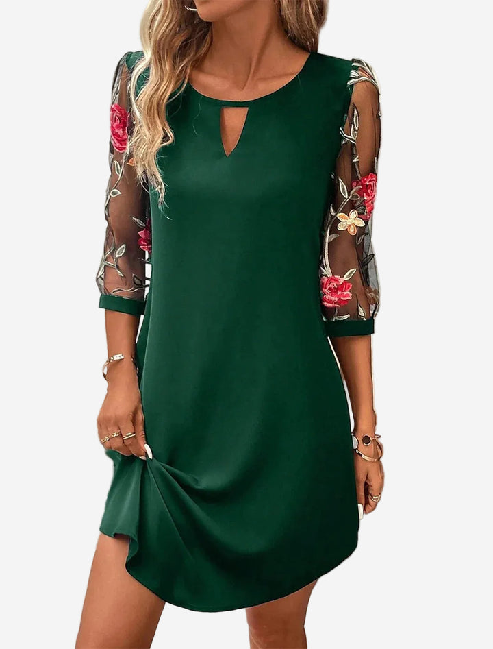 Romy - Chic Mini Dress with Floral Embroidered Mesh Sleeves