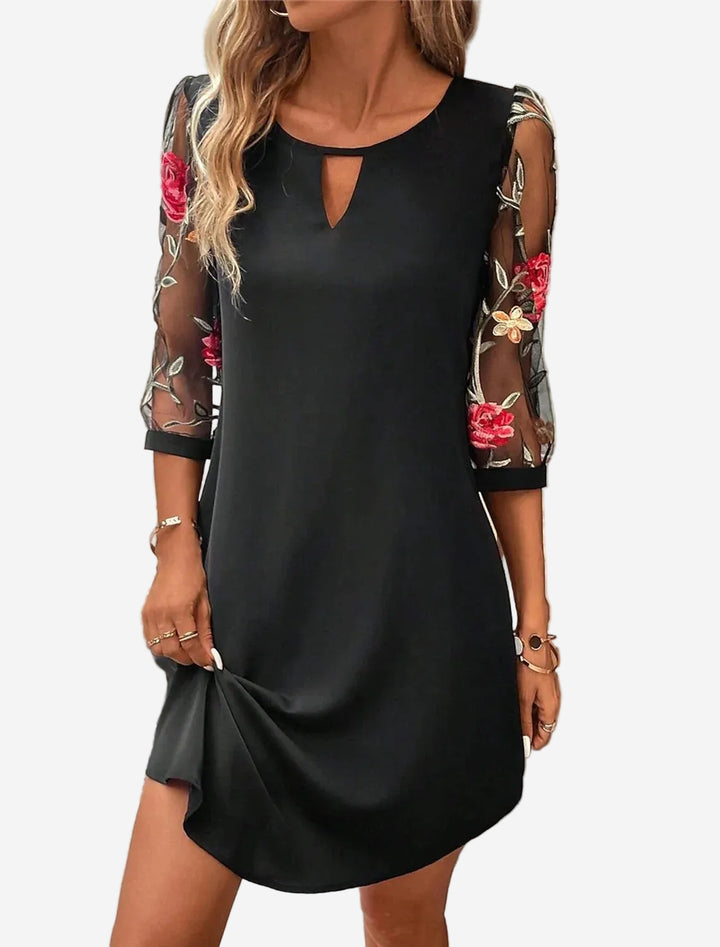 Romy - Chic Mini Dress with Floral Embroidered Mesh Sleeves