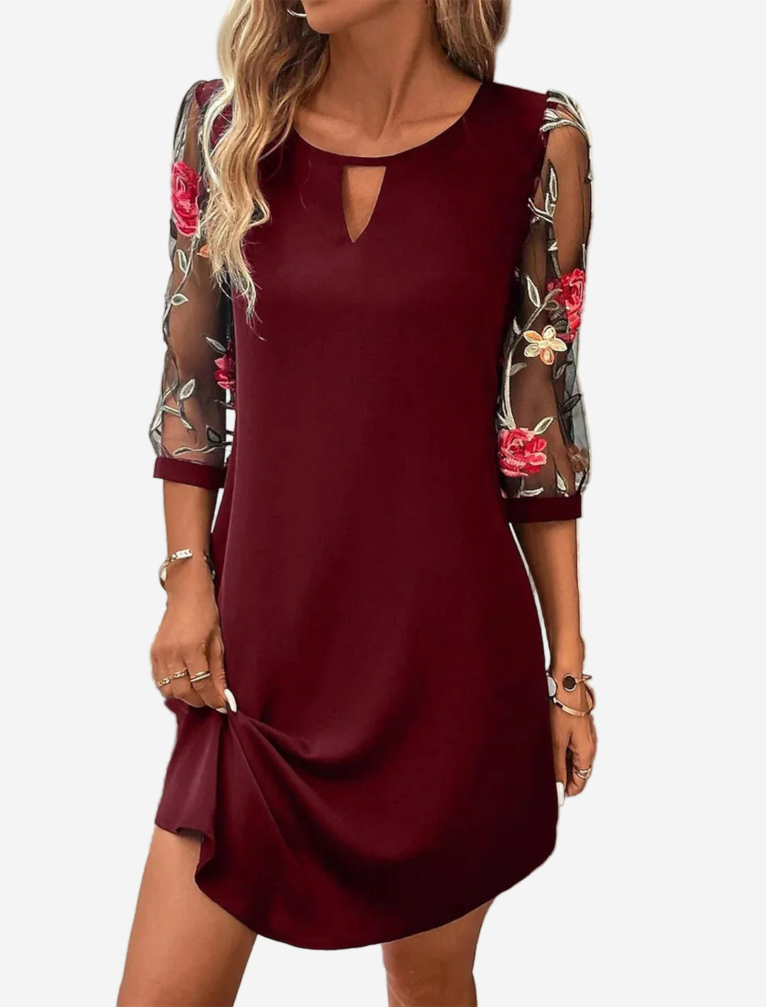 Romy - Chic Mini Dress with Floral Embroidered Mesh Sleeves