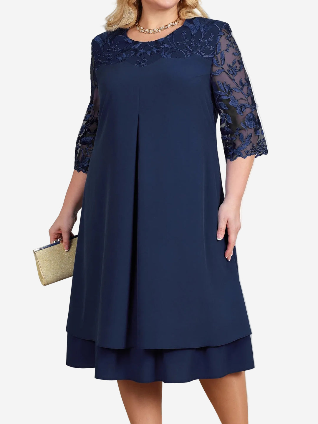 Armina - Elegant A-Line Midi Dress with Embroidered Sheer