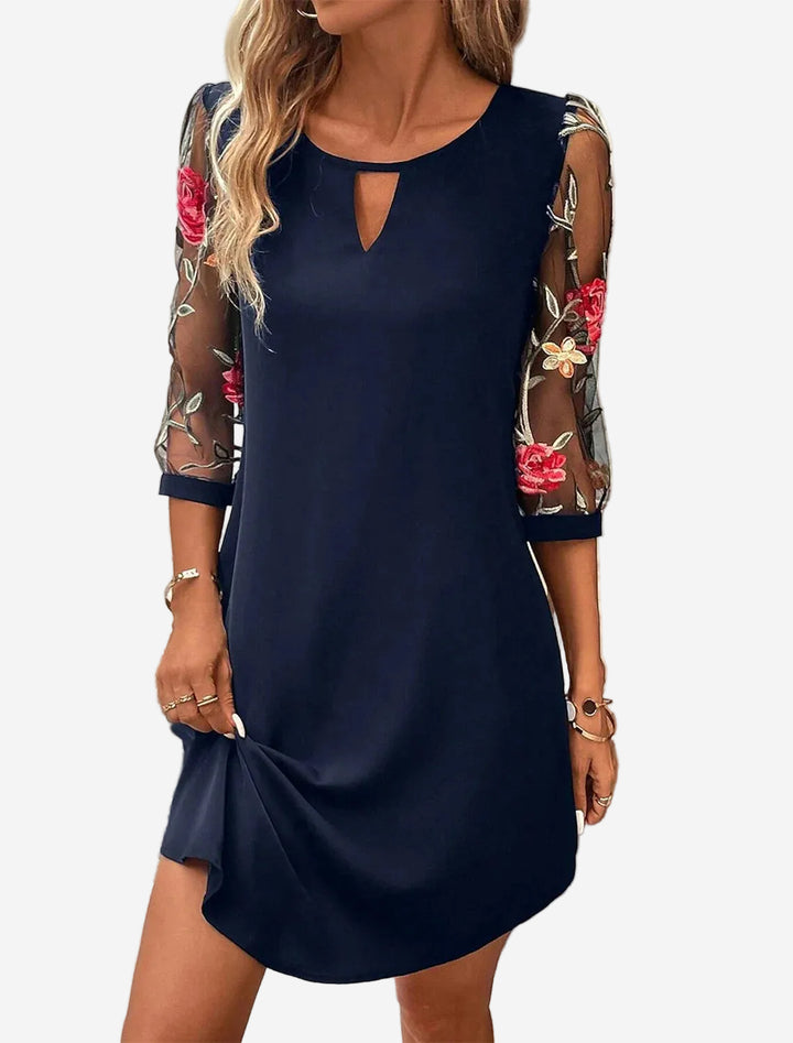 Romy - Chic Mini Dress with Floral Embroidered Mesh Sleeves