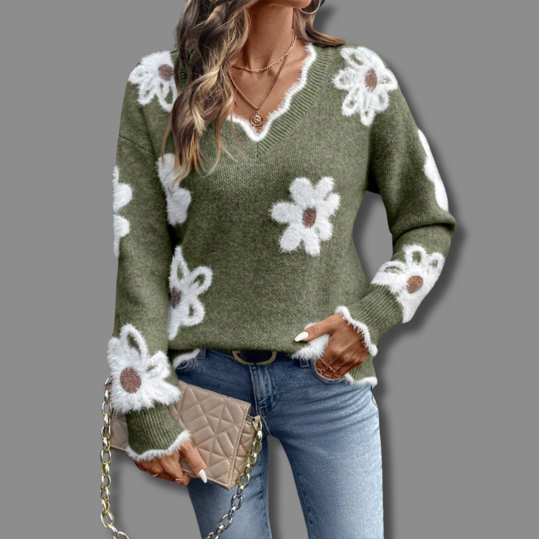 Lindsey - Elegant V-Neck Floral Sweater