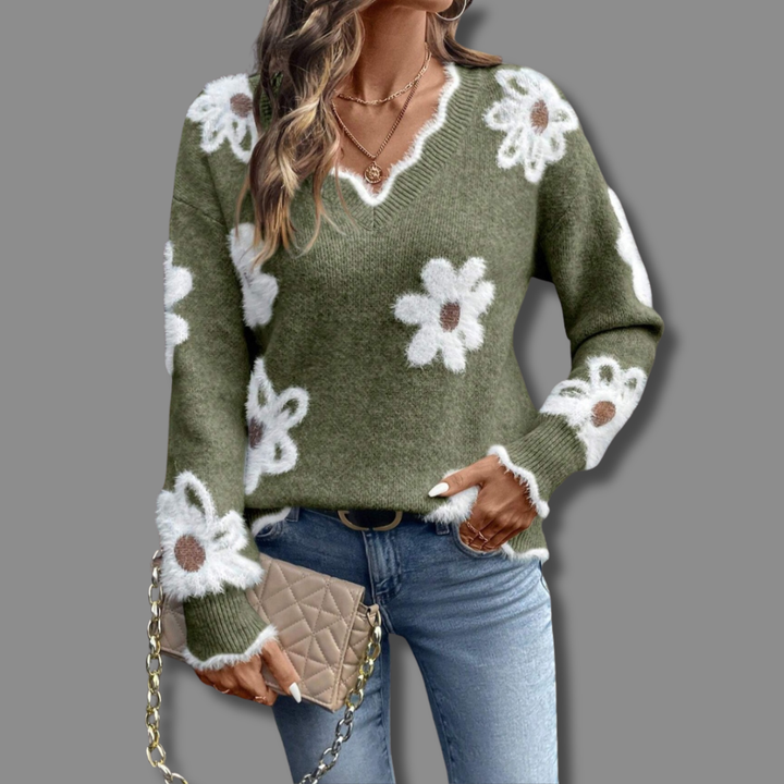 Lindsey - Elegant V-Neck Floral Sweater