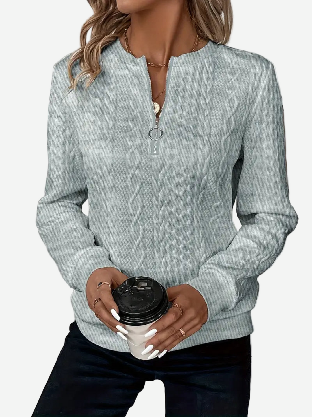 Romina - Classic Cable Texture Quarter-Zip Sweater