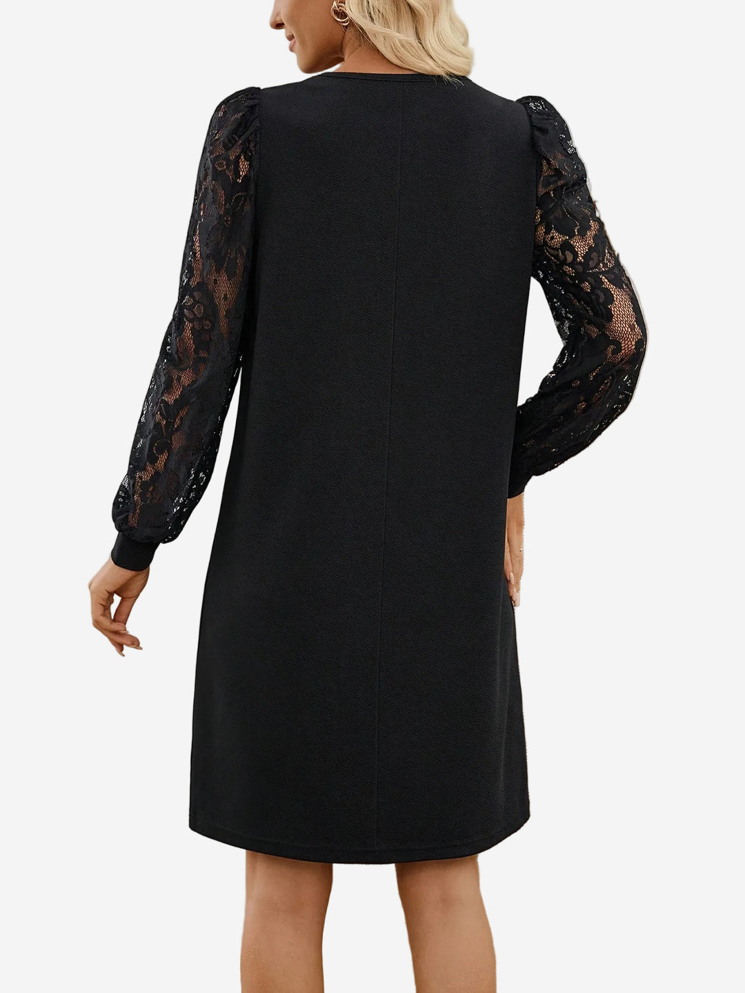 Carissa - Crew Neck Mini Dress with Sheer Floral Lace Sleeves