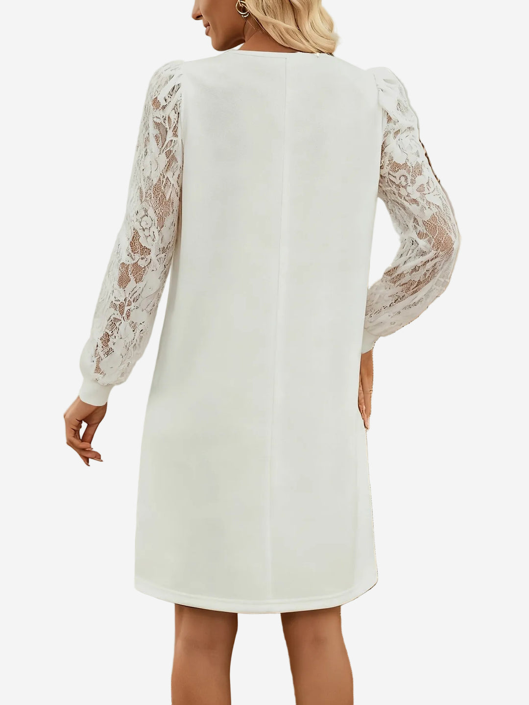 Carissa - Crew Neck Mini Dress with Sheer Floral Lace Sleeves