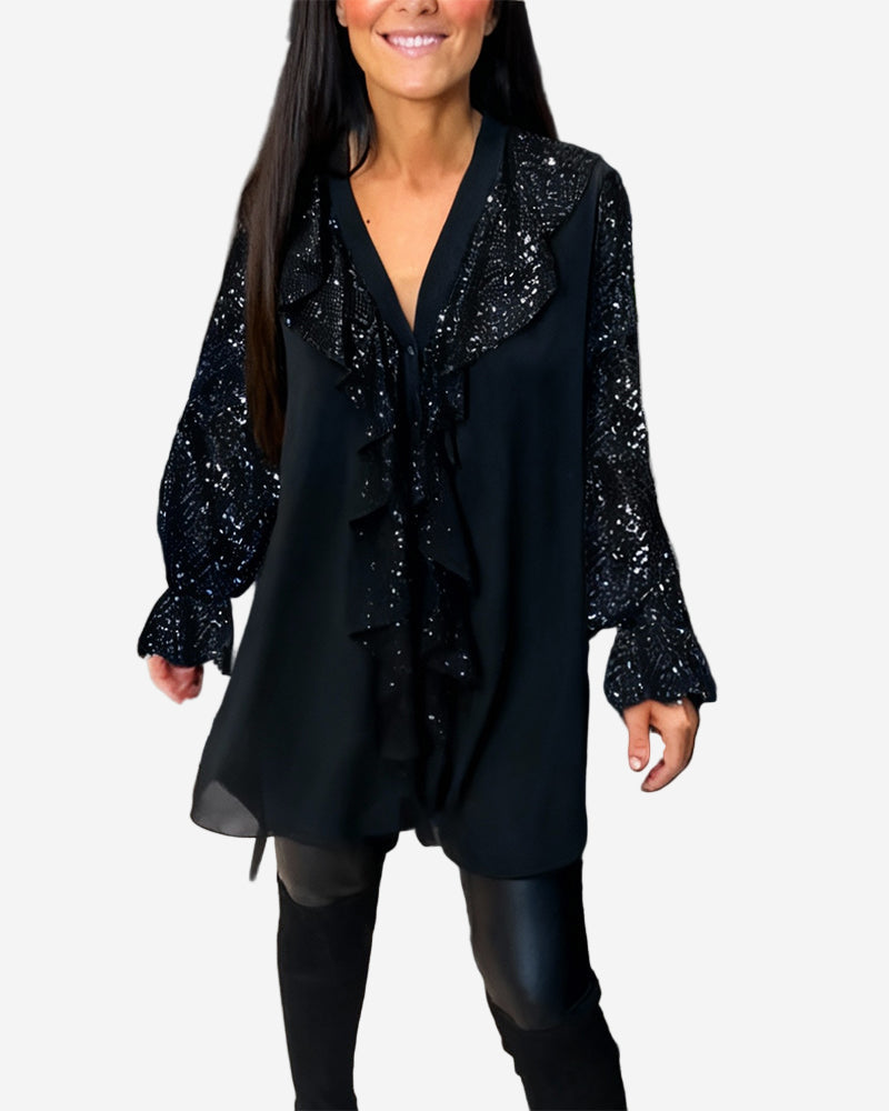 Sabella - Chic Tunic Blouse with Sequin Detail and Ruffle Trim
