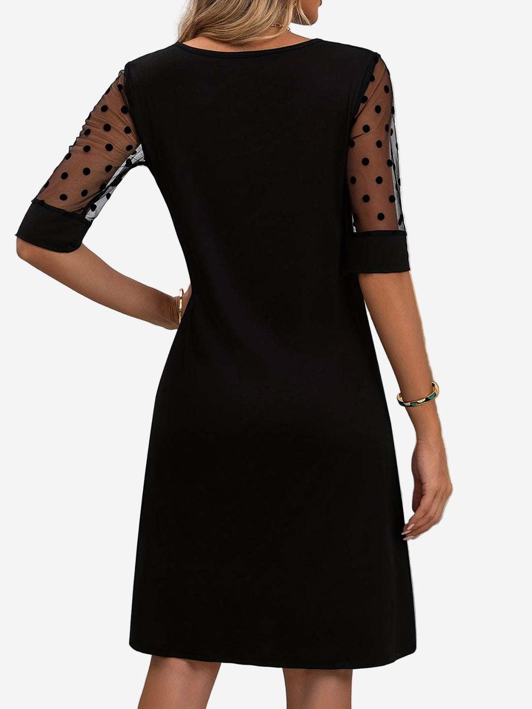 Melina - Elegant Black A-Line Dress with Sheer Polka Dot Mesh Sleeves