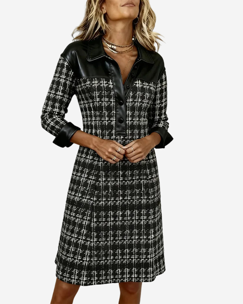 Fiora - Classic Houndstooth A-Line Midi Dress with Soft Faux-Leather Trim